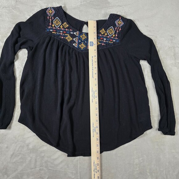 Xhilaration Black Boho Embroidered Yoke Peasant Blouse Long Sleeve L - Picture 3 of 8